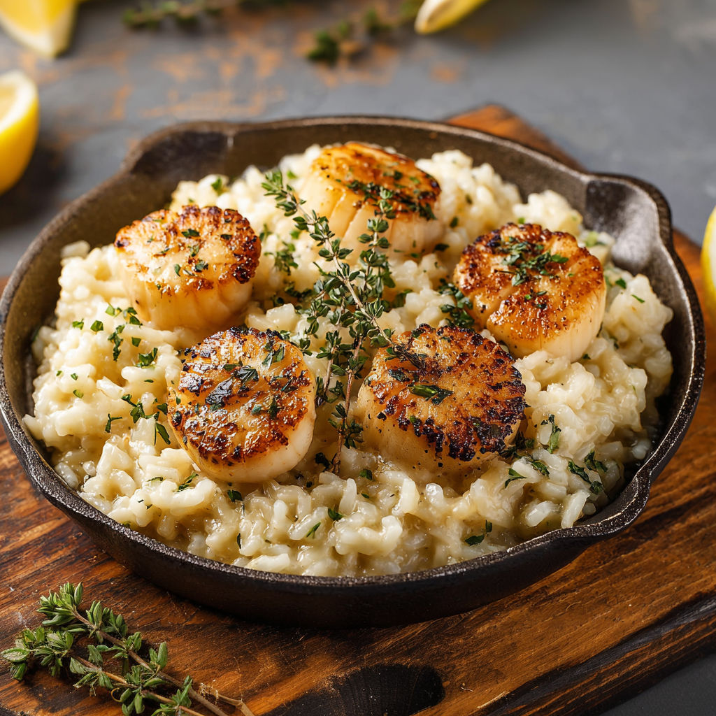 Un délicieux bol de risotto aux noix de Saint-Jacques brille dans une cocotte noire.