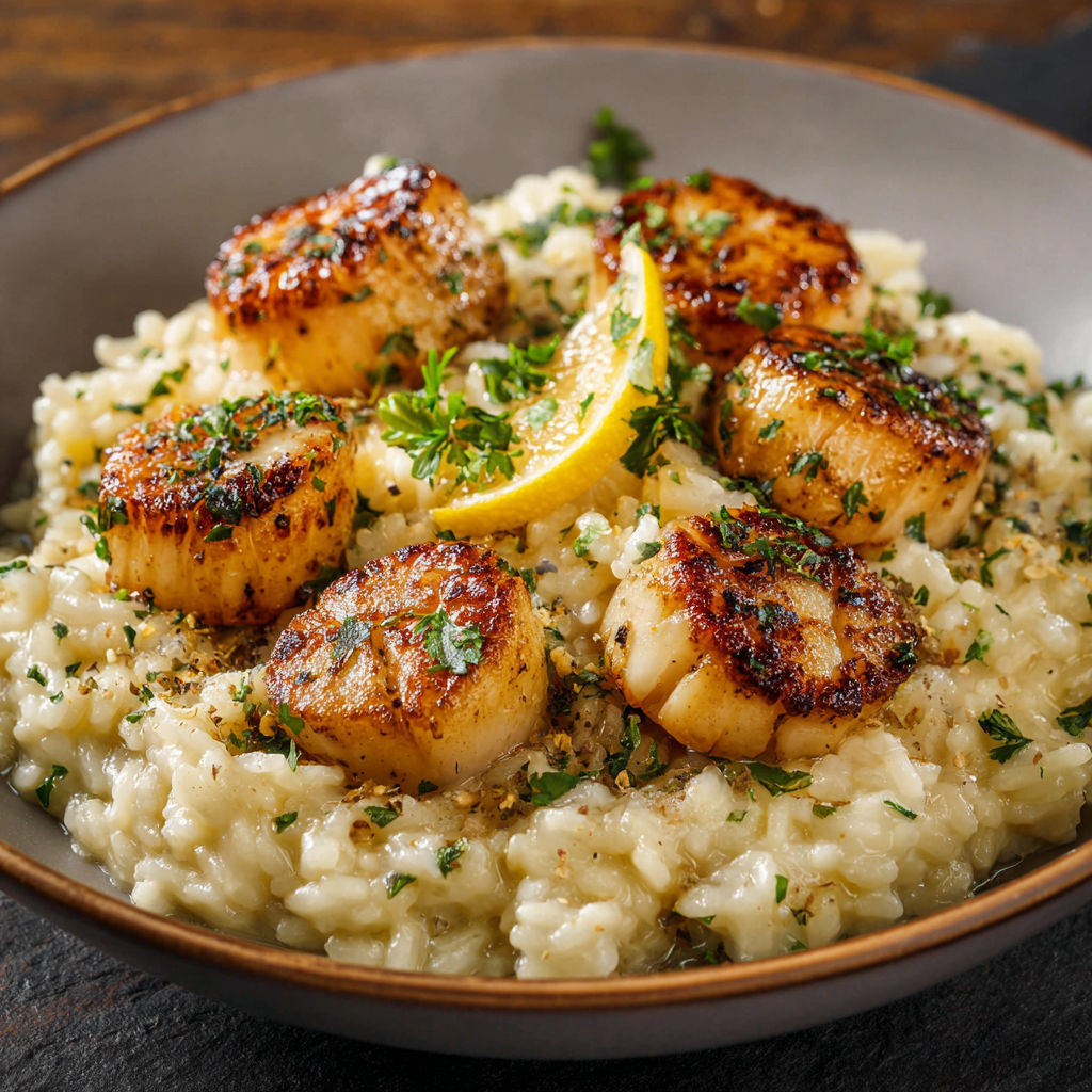 Une assiette de risotto avec des coquilles Saint-Jacques et des citrons.