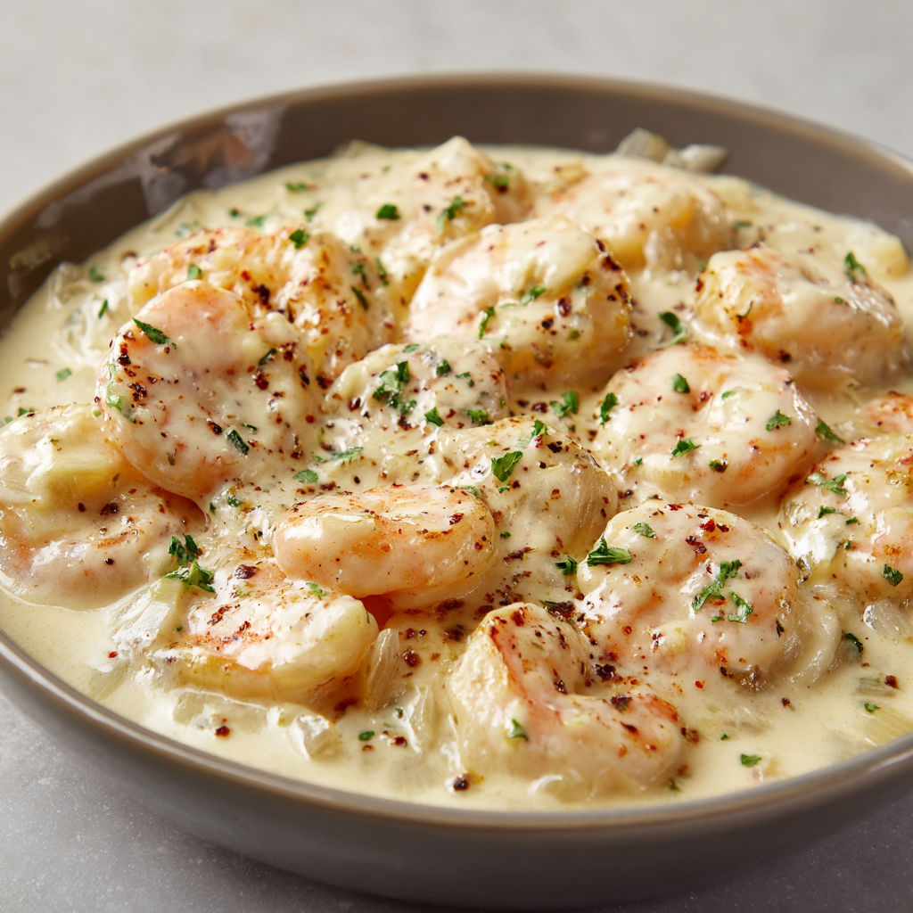 Assiette de crevettes tendres nappées d'une sauce crémeuse aux herbes et épices.