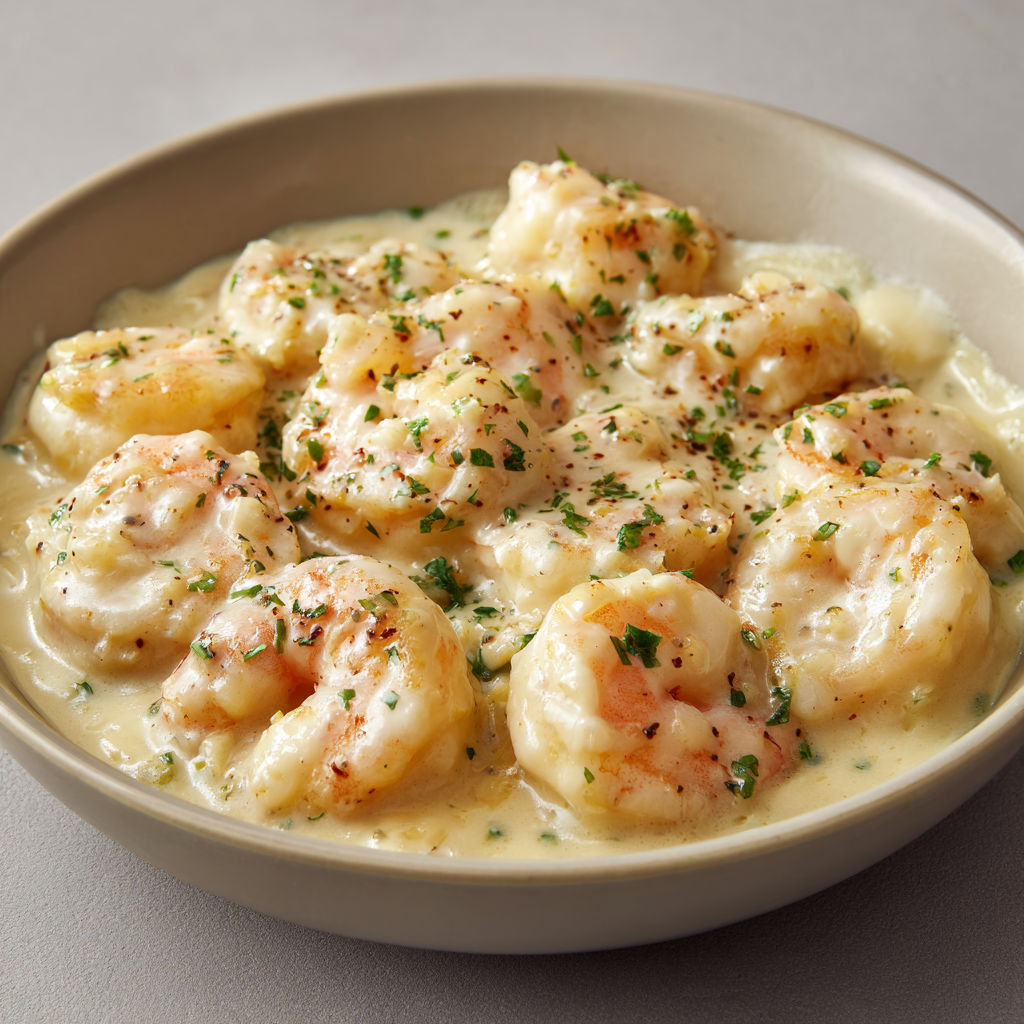Crevettes dorées aux herbes et nappage onctueux sur l'assiette.