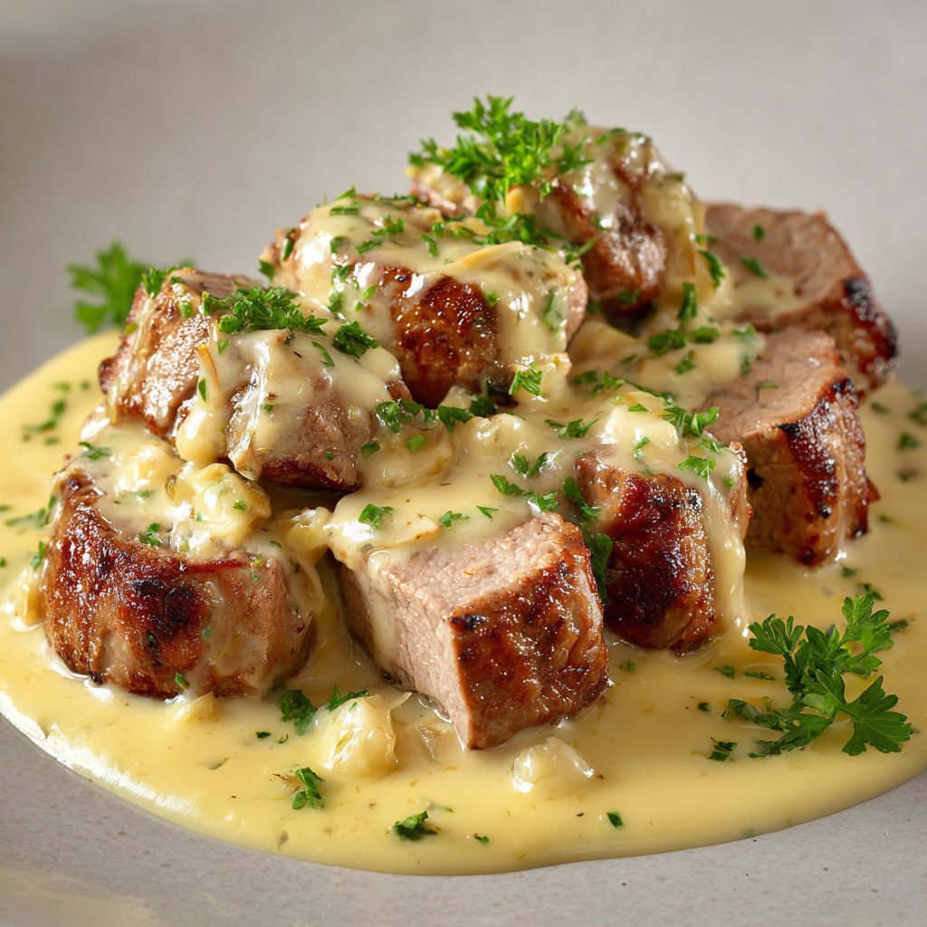 Un steak nappé de pesto posé sur une belle assiette en faïence.