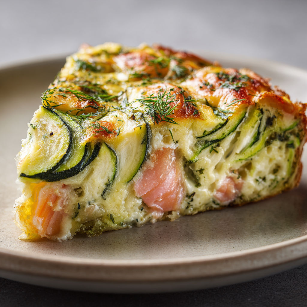 Un clafoutis salé courgettes et saumon présenté sur un joli plateau.