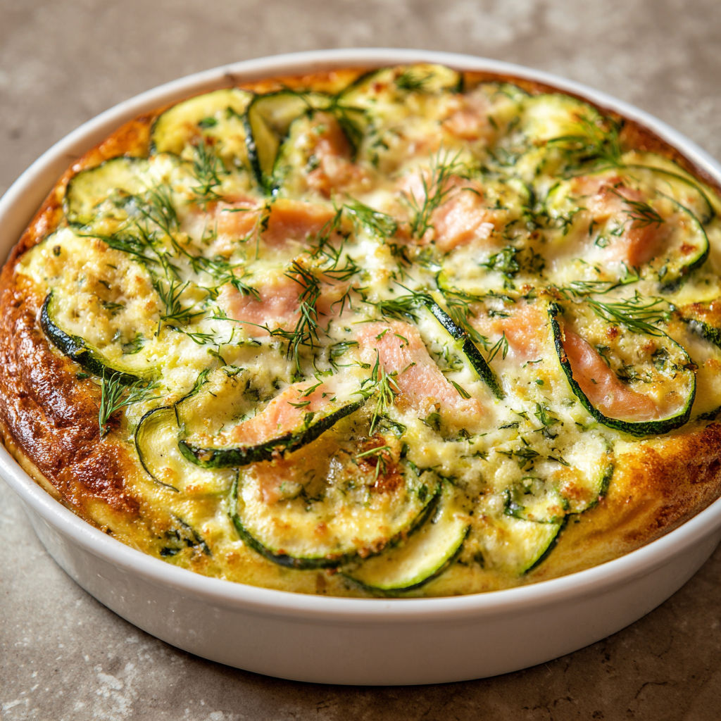 Clafoutis salé aux légumes verts et poisson présenté dans un joli plat.