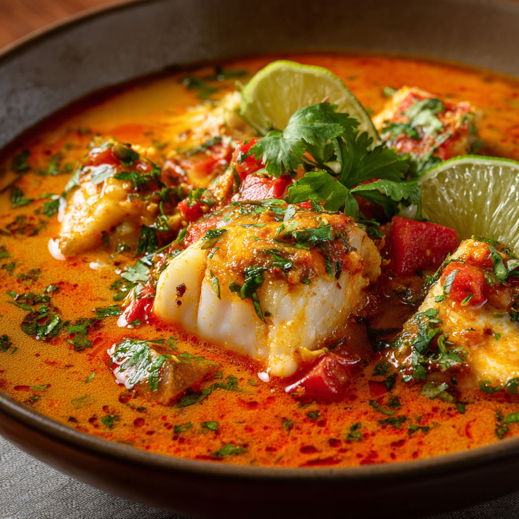 Une moqueca baiana de poisson colorée avec légumes et citron vert présentés dans un joli bol.