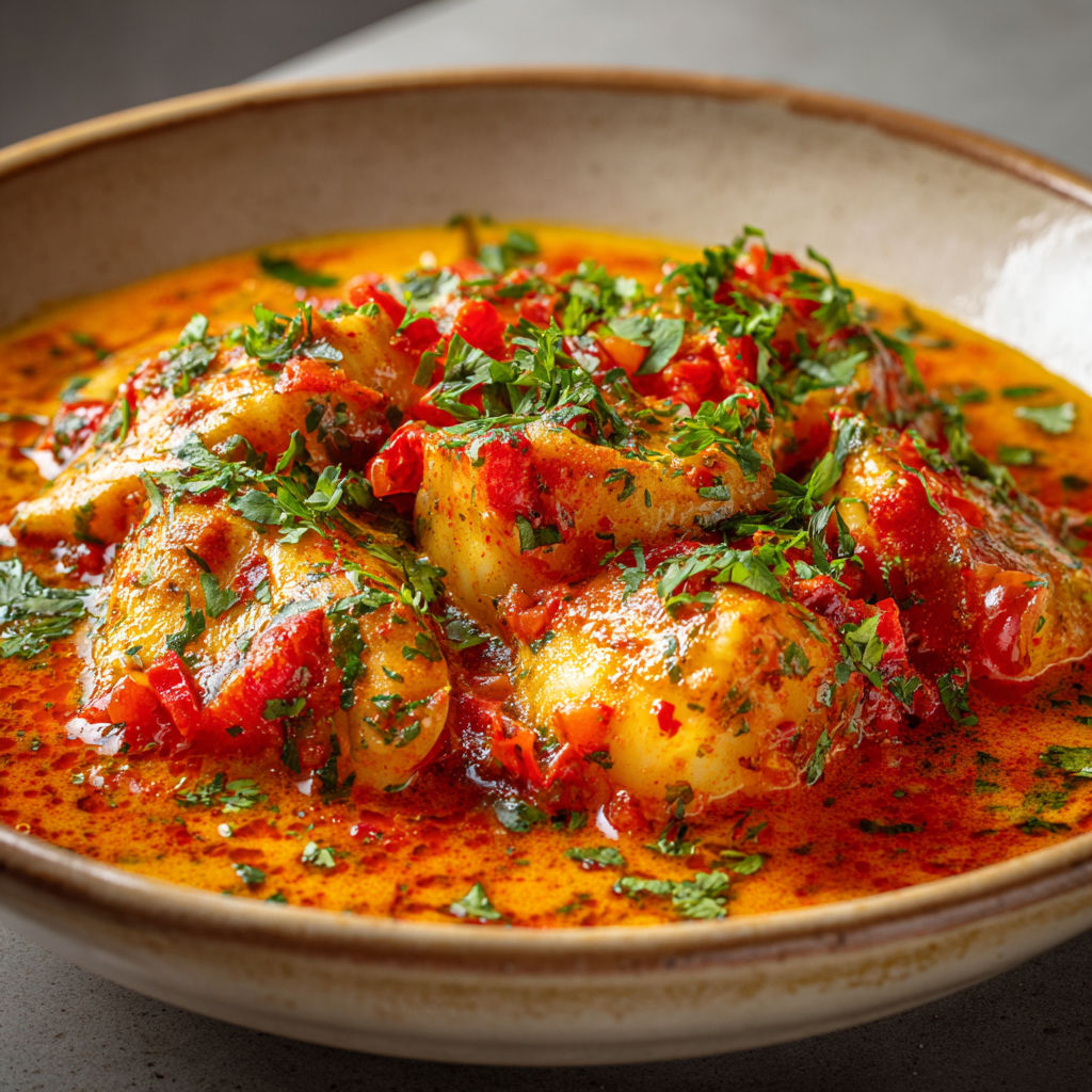 Un grand bol garni d’un bouillon de poisson riche et coloré sur une table.