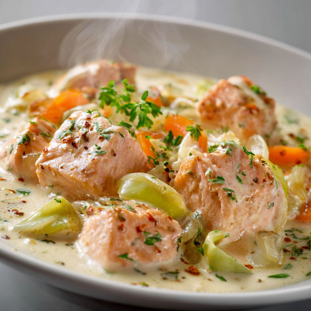 Un plat de poisson tendre avec des légumes colorés et des herbes fraîches, accompagné d’une sauce onctueuse.