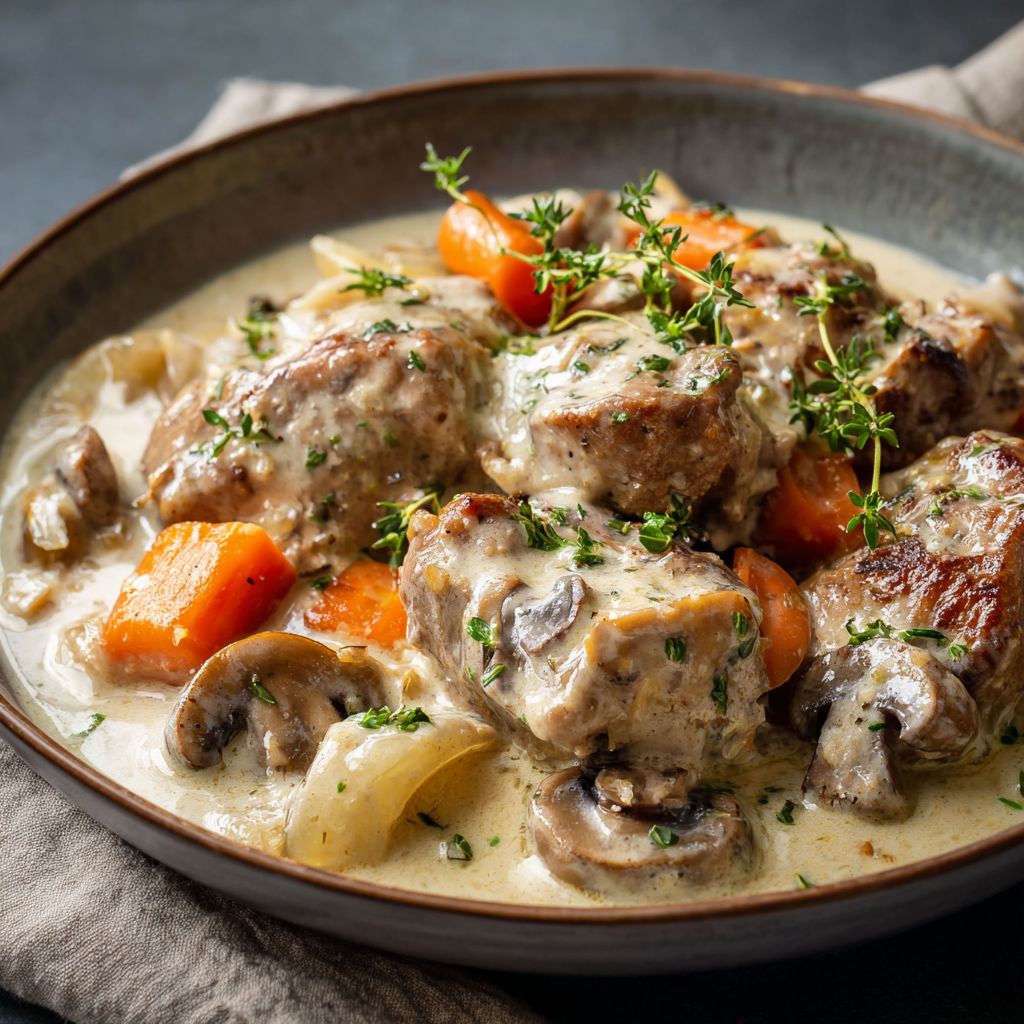 Un plat mijoté avec morceaux de viande, carottes et champignons.