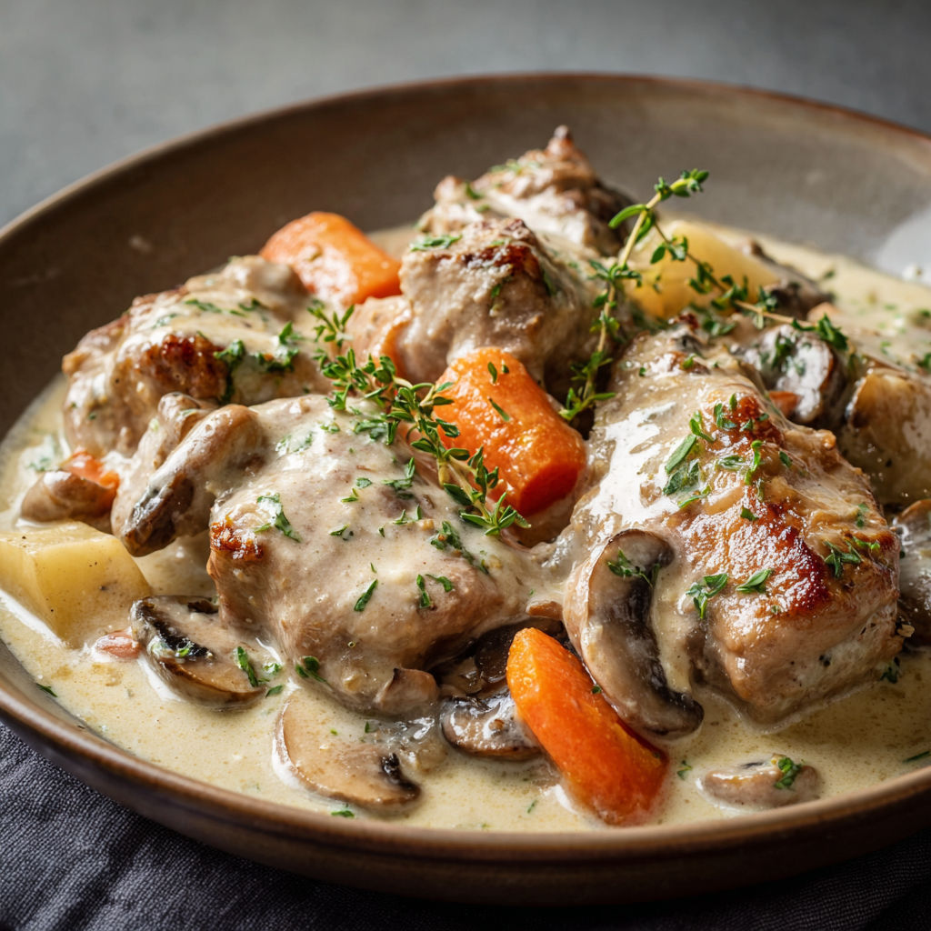 Un plat mijoté de morceaux de volaille, carottes et champignons.