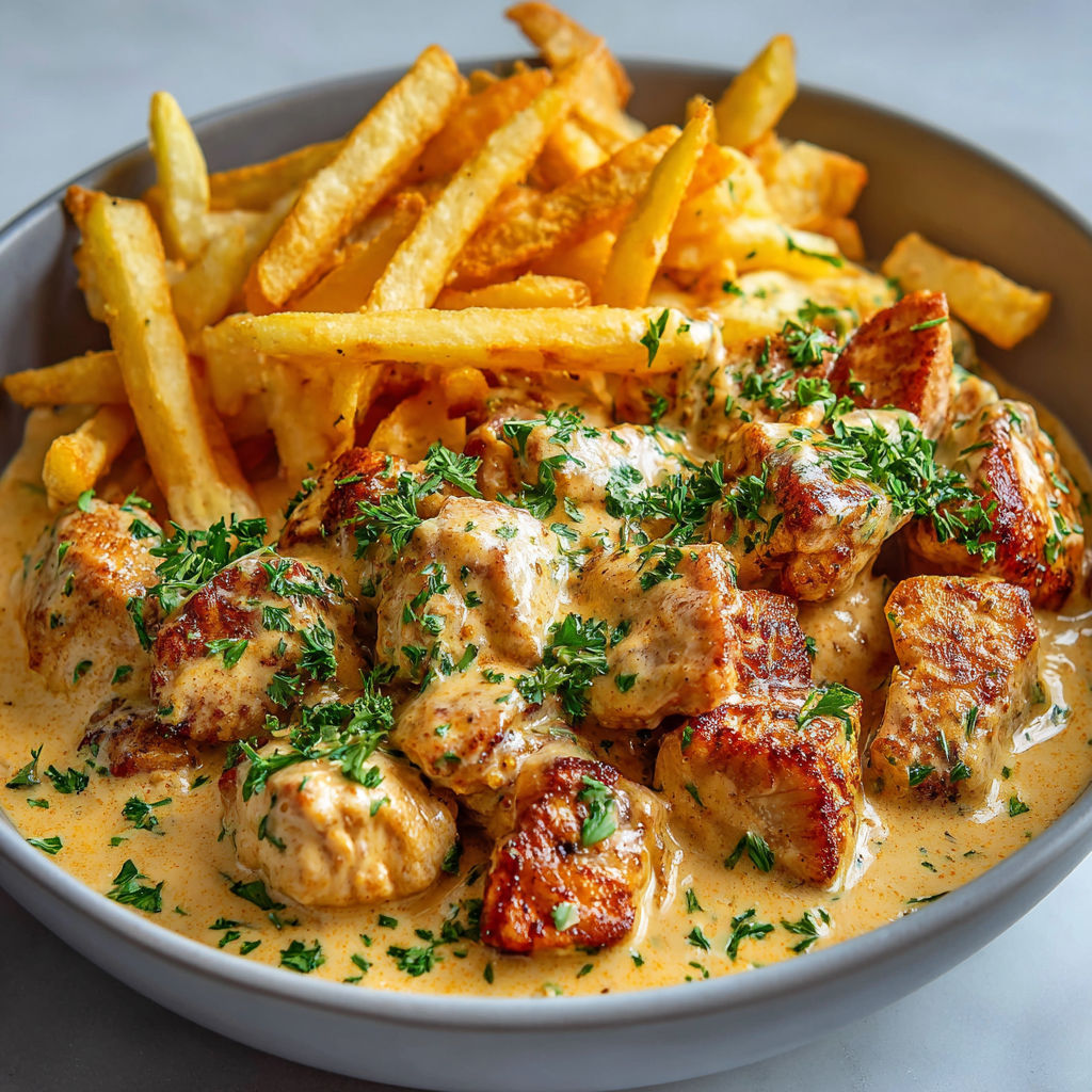 Un plat de poulet et frites nappé d’une sauce crémeuse agréable.