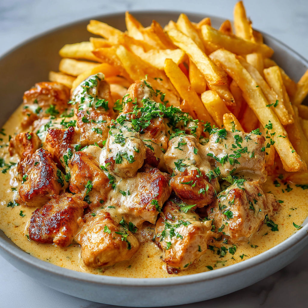 Un plat de poulet nappé de sauce avec une belle portion de frites.