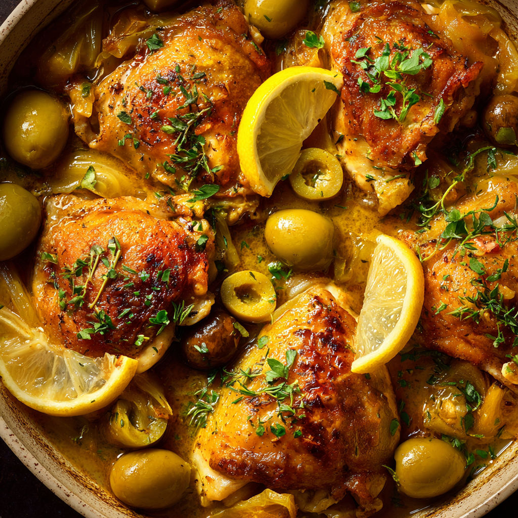 Le poulet doré baigne dans la sauce citronnée et olives inspirée par Philippe Etchebest.