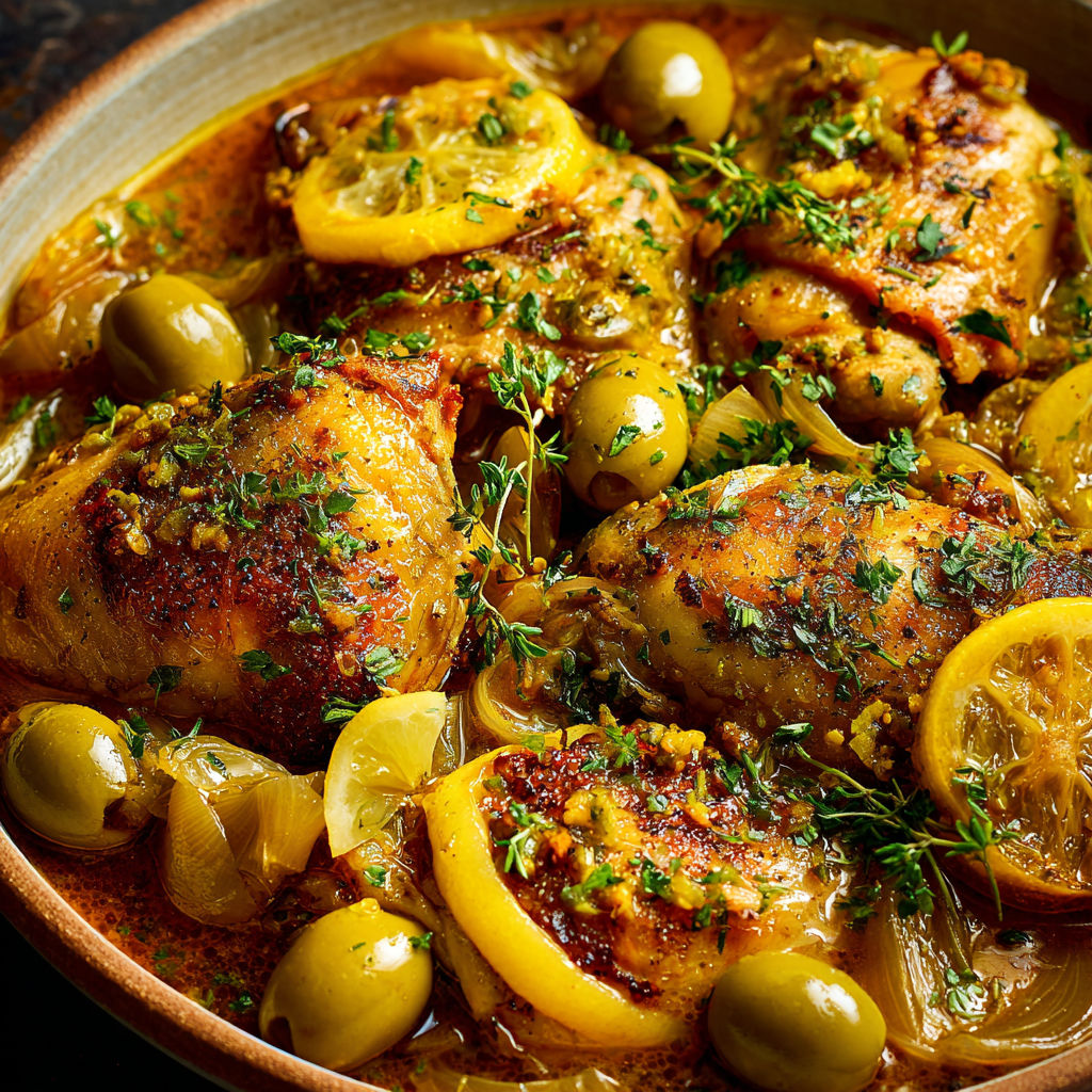 Un plat de poulet mijoté avec des olives et des oignons dans une cocotte.