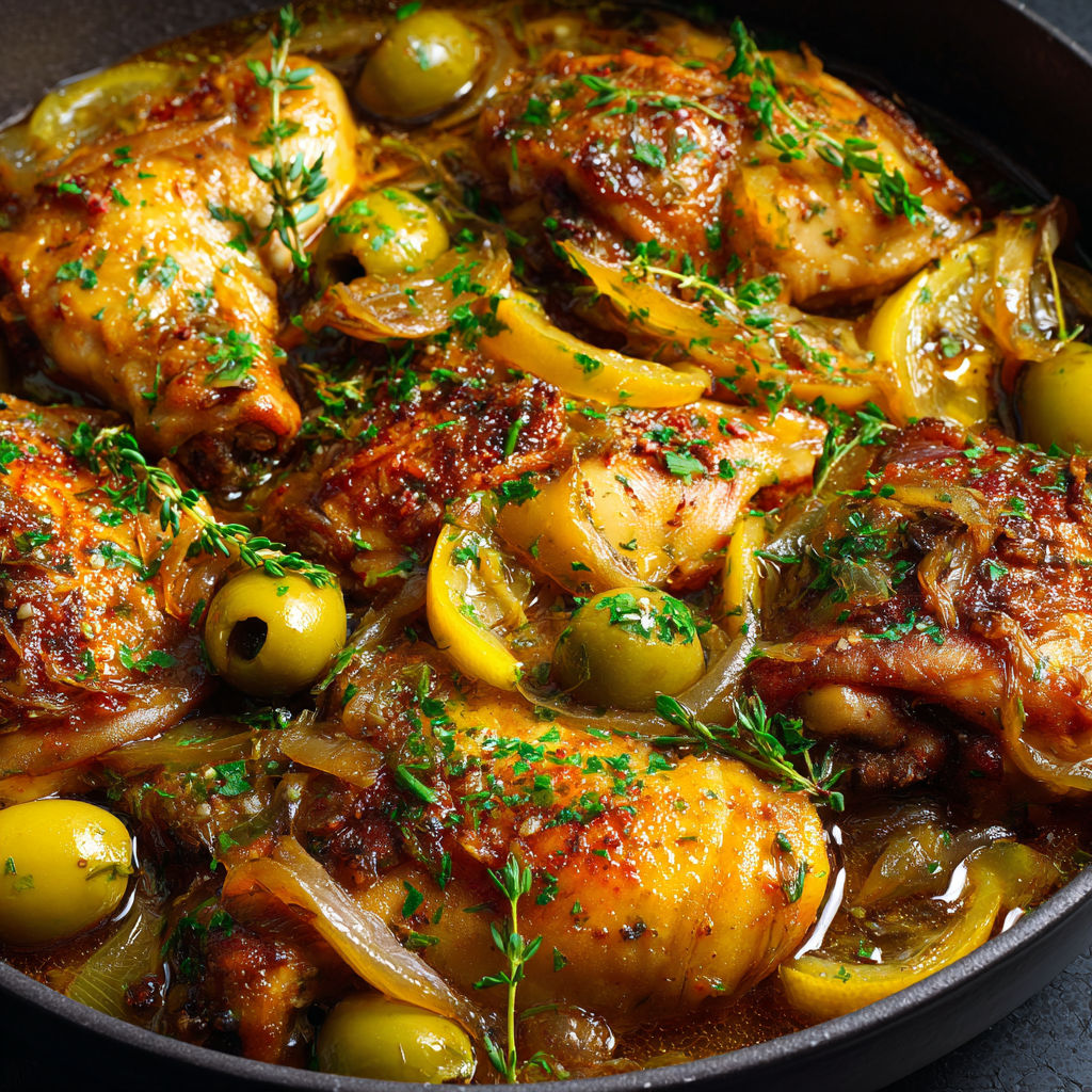 Poulet tendre mijoté avec des oignons et des olives dans une sauce parfumée.