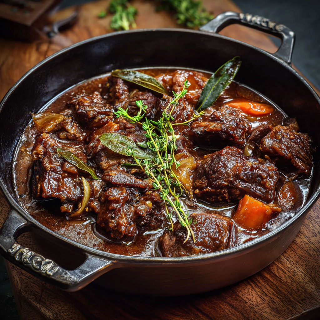 Plat de boeuf mijoté avec carottes et herbes servi dans une assiette rustique.
