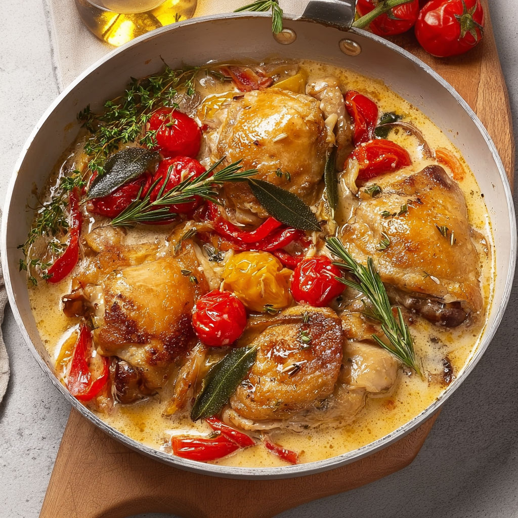 Plat de poulet, tomates et herbes du sud dans une poêle.