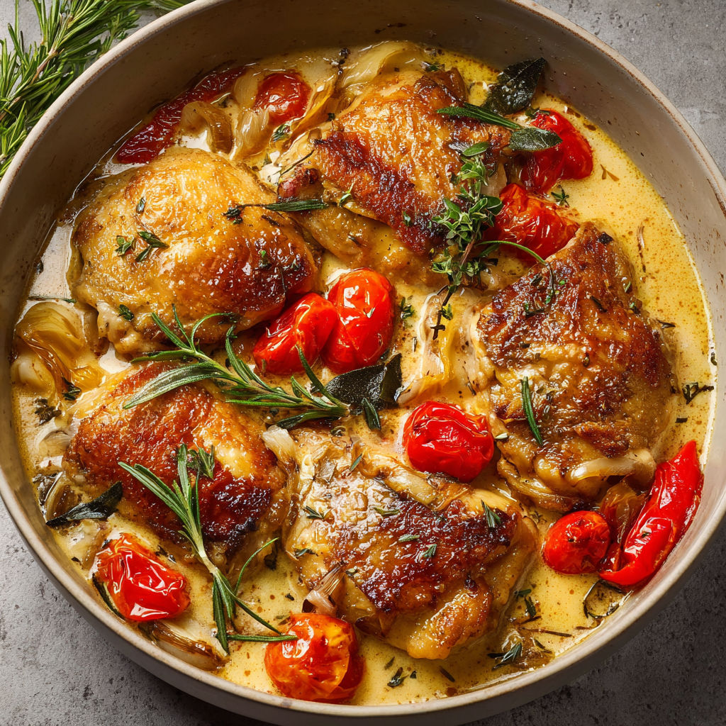 Grande poêle de poulet mijoté, légumes, tomates, épinards et herbes servis dans un bol rustique.