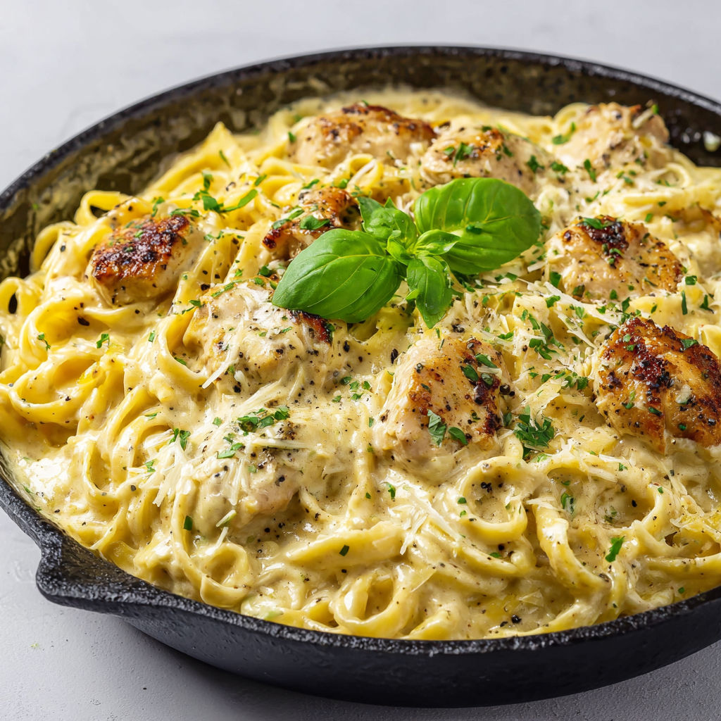 Des pâtes crémeuses au poulet et moutarde servies dans un joli bol noir.