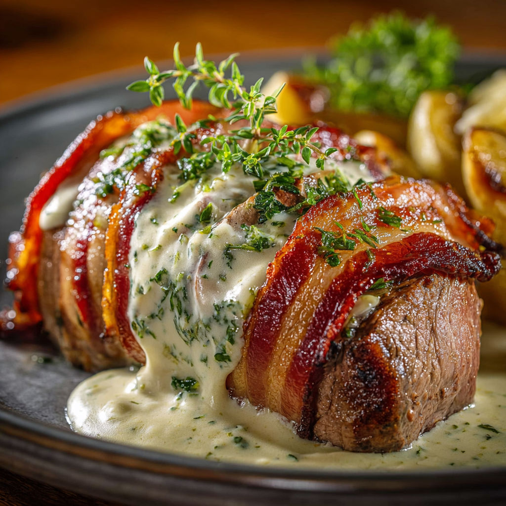 Un filet mignon laqué avec une sauce crémeuse aux herbes fraîches.