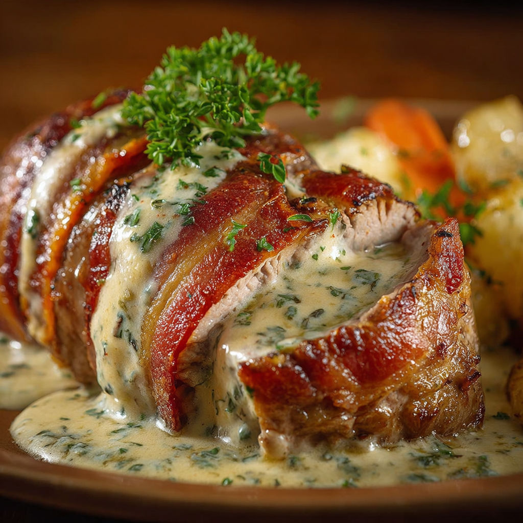 Un filet mignon doré recouvert de sauce et entouré de petits légumes rôtis.