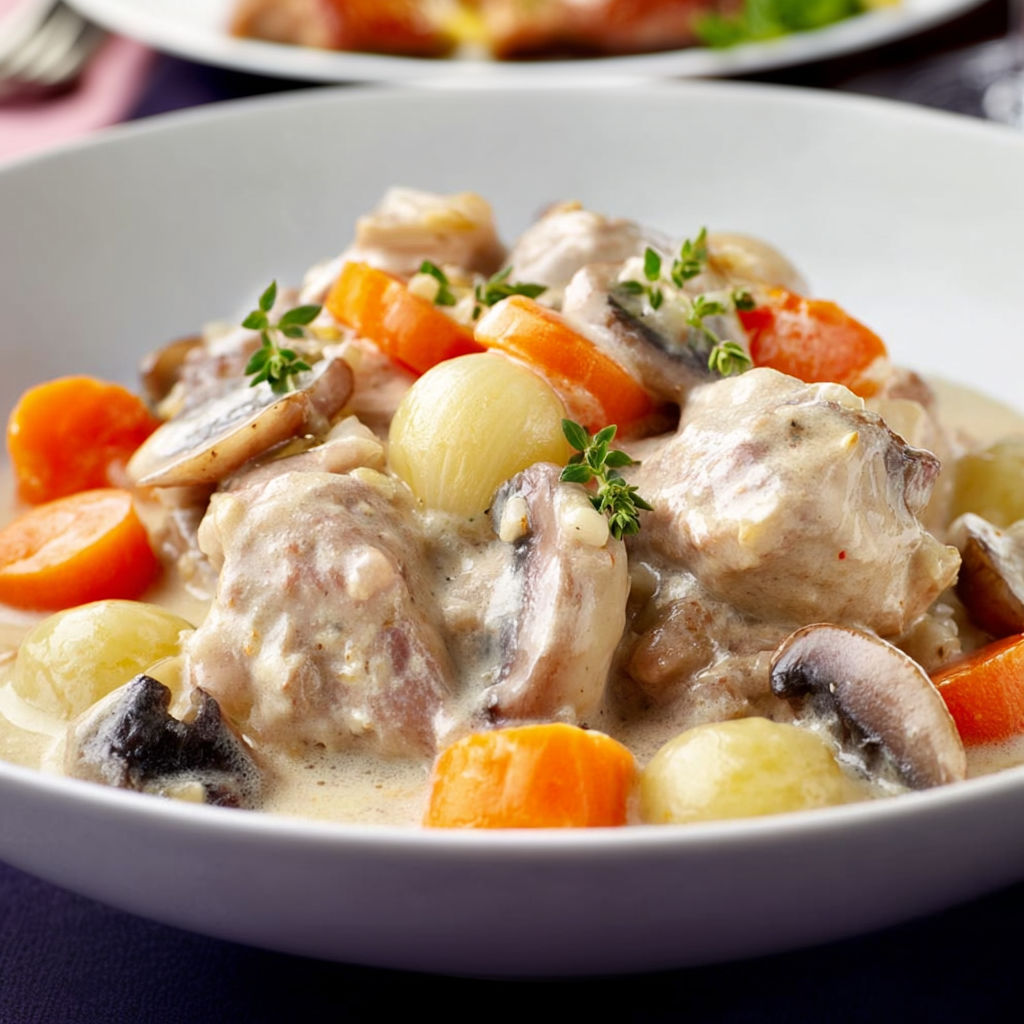 On voit une blanquette de veau aux légumes servie dans une assiette sur une table.