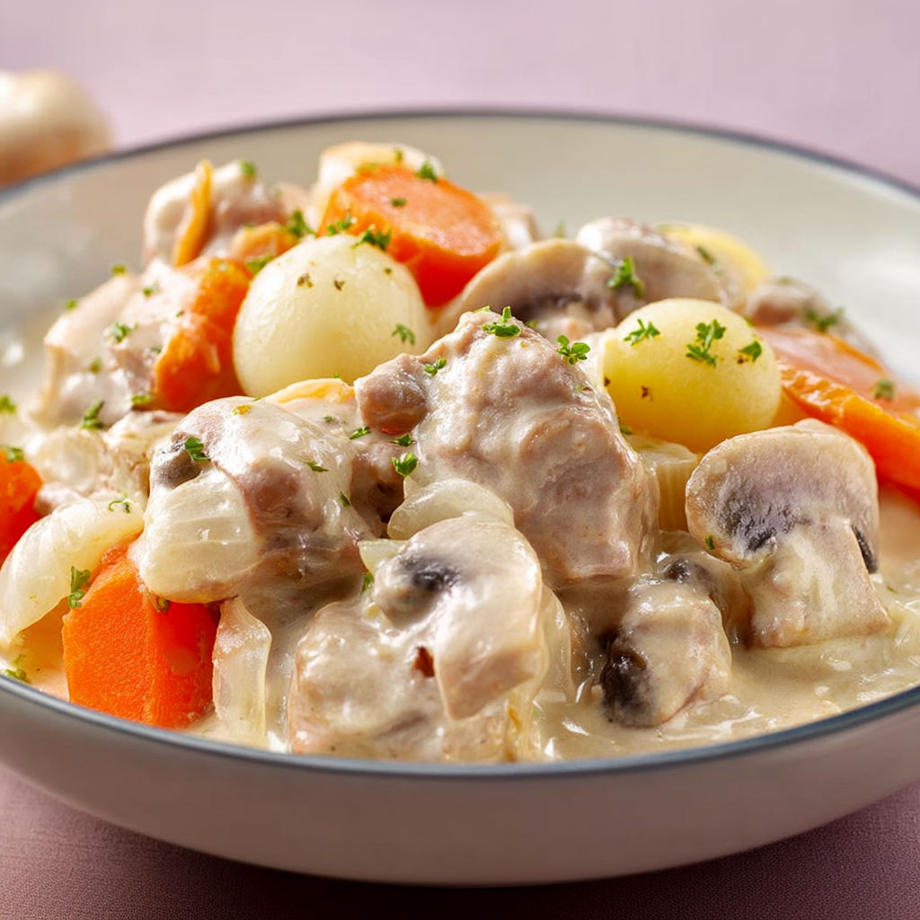 Une assiette généreuse de blanquette de veau et légumes, avec carottes, pommes de terre, champignons.