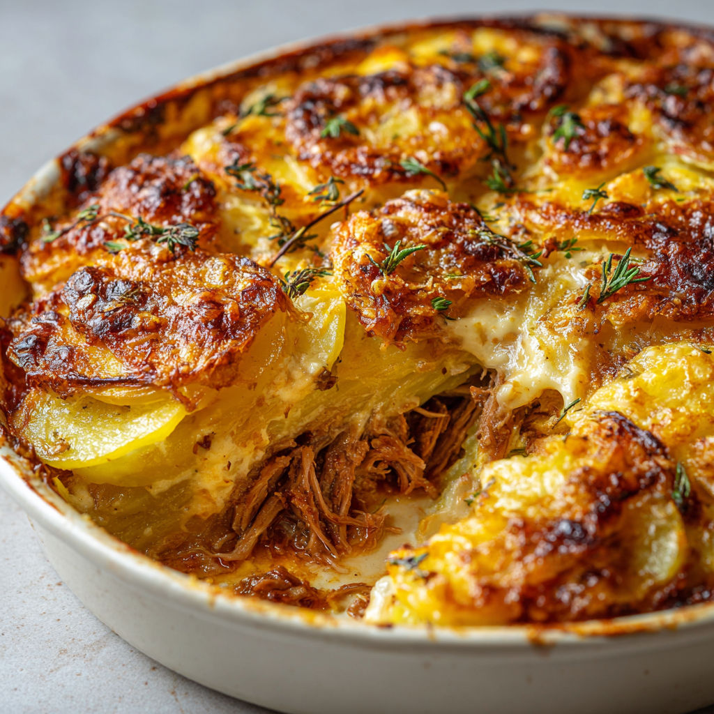 Ce gratin d’agneau et pommes de terre sort du four dans un plat tout simple, prêt à être servi.
