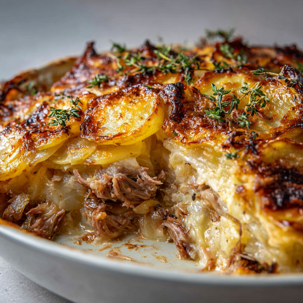 Une tarte de pommes de terre et viande dorée surplombée d’herbes fraîches à côté de tranches de pommes.