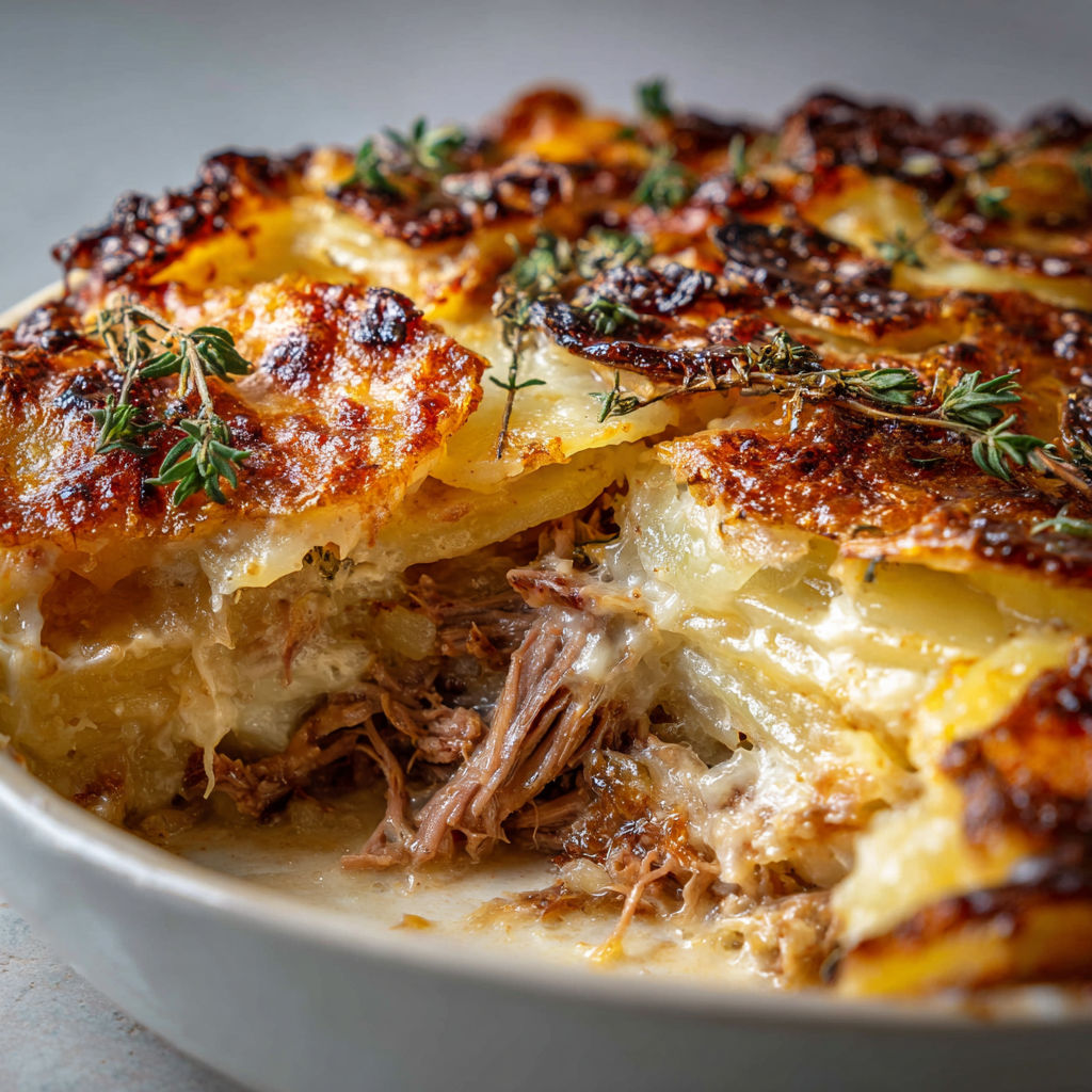 Un généreux gratin de pommes de terre, viande effilochée et herbes fraîches, servi tout chaud.
