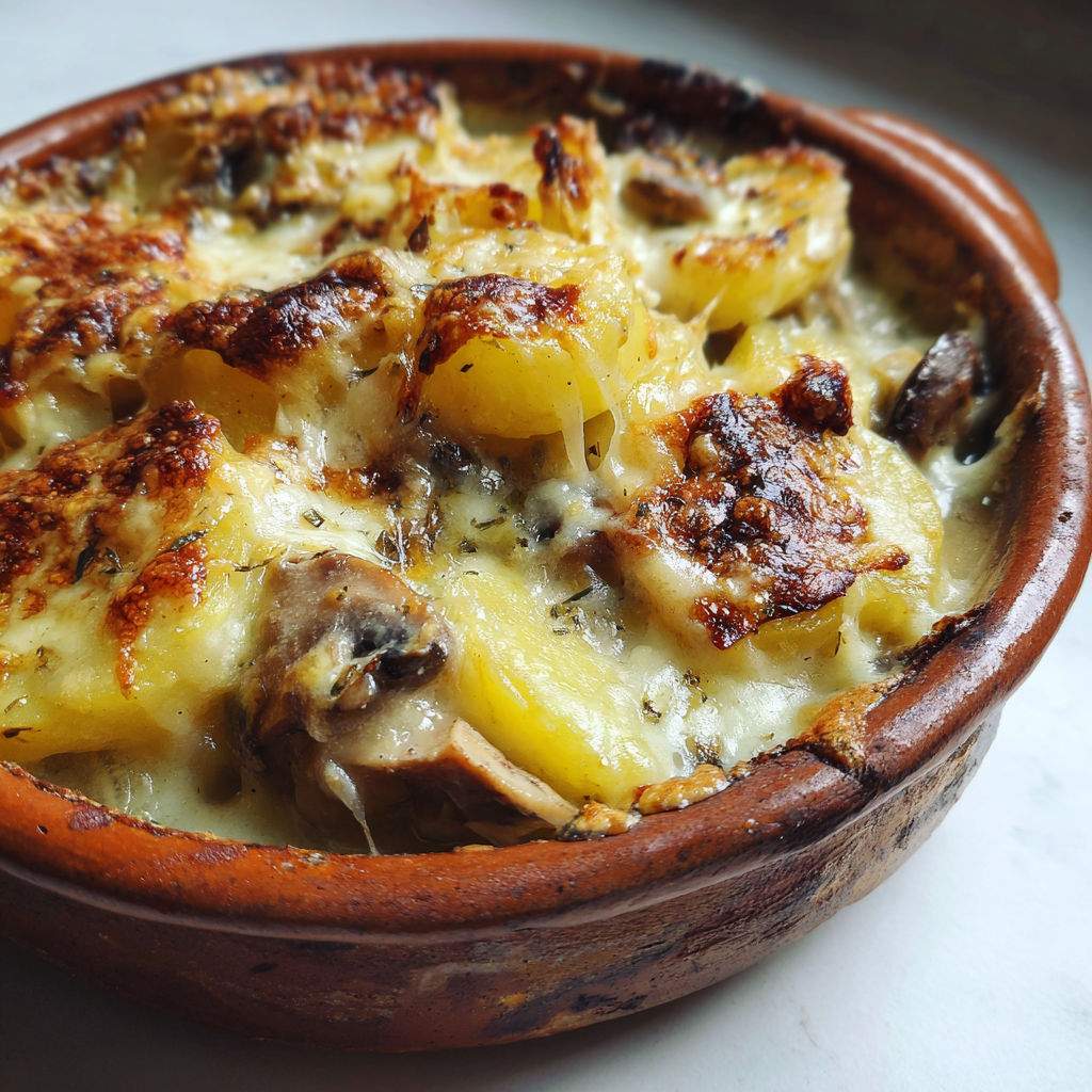 Un gratin tout doré à base de champignons et pommes de terre dans un plat rustique.