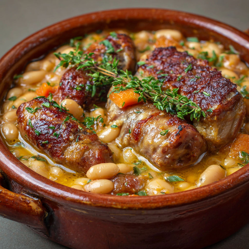 Un grand plat mijoté plein de haricots, carottes, lardons et herbes du jardin.