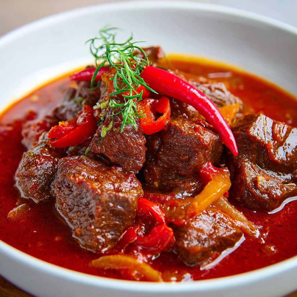 Un bol de bœuf mijoté bien épicé avec des légumes colorés.