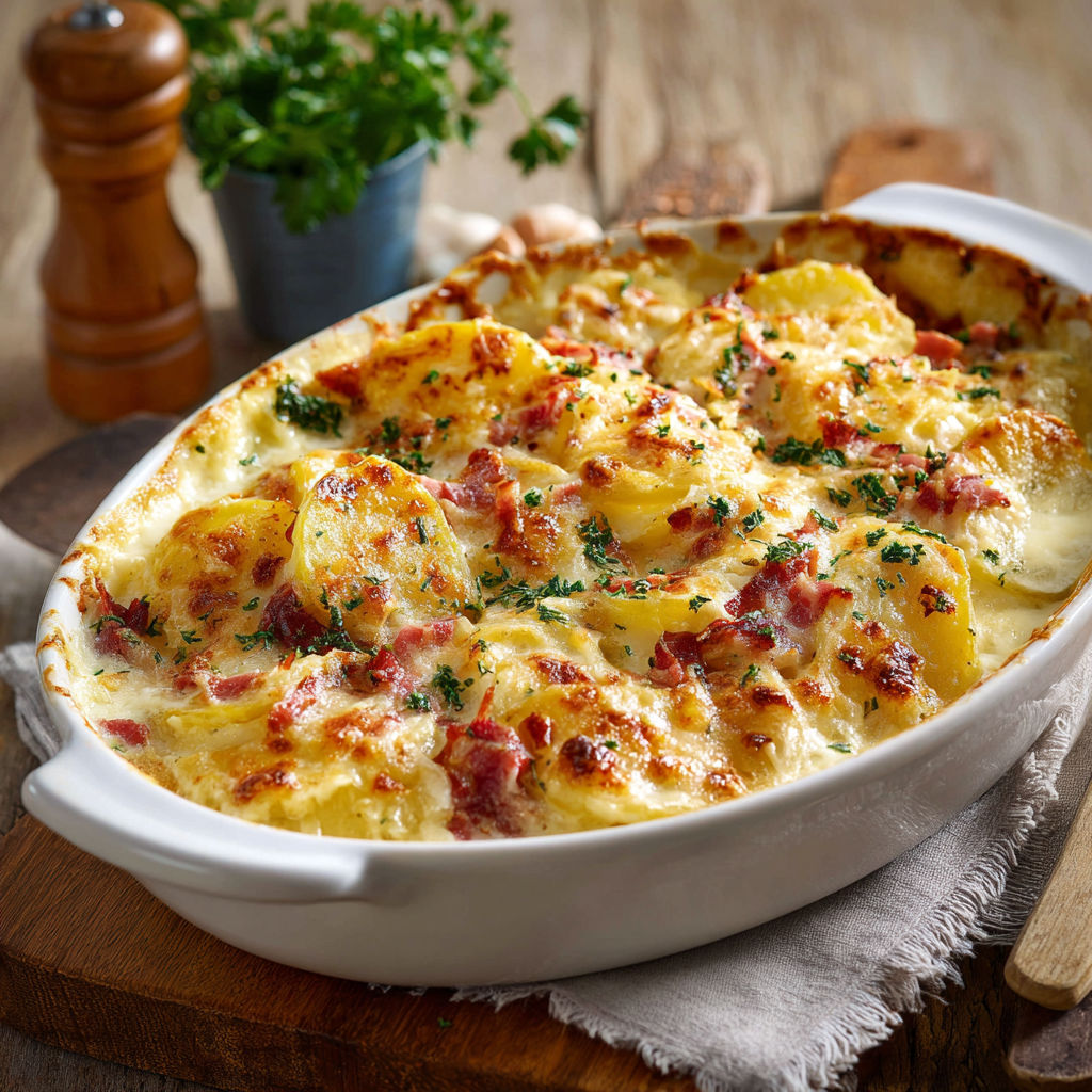 On savoure ce gratin de pommes de terre avec bacon et parmesan autour d’une table.