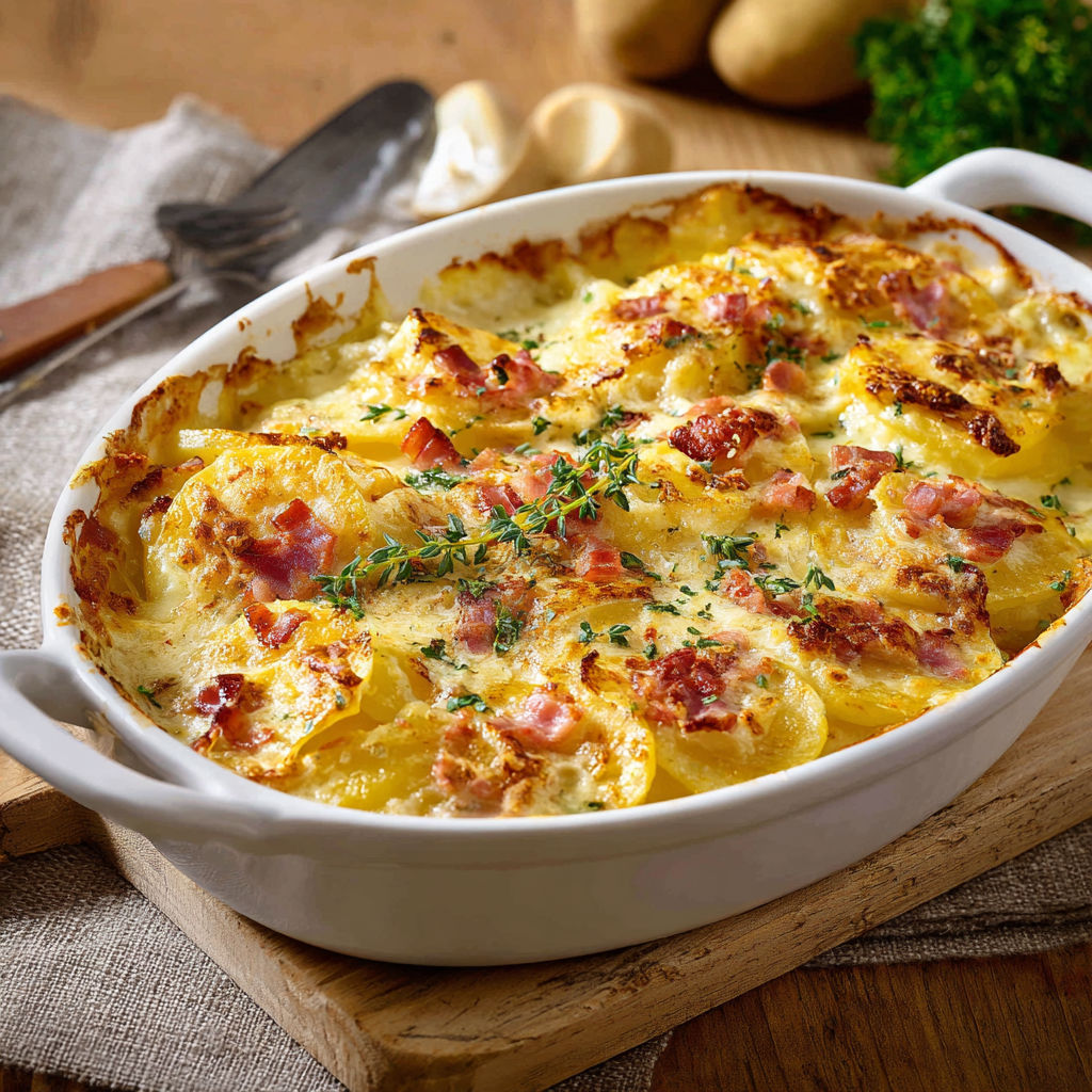 Un gratin doré et fondant avec des herbes et des légumes.