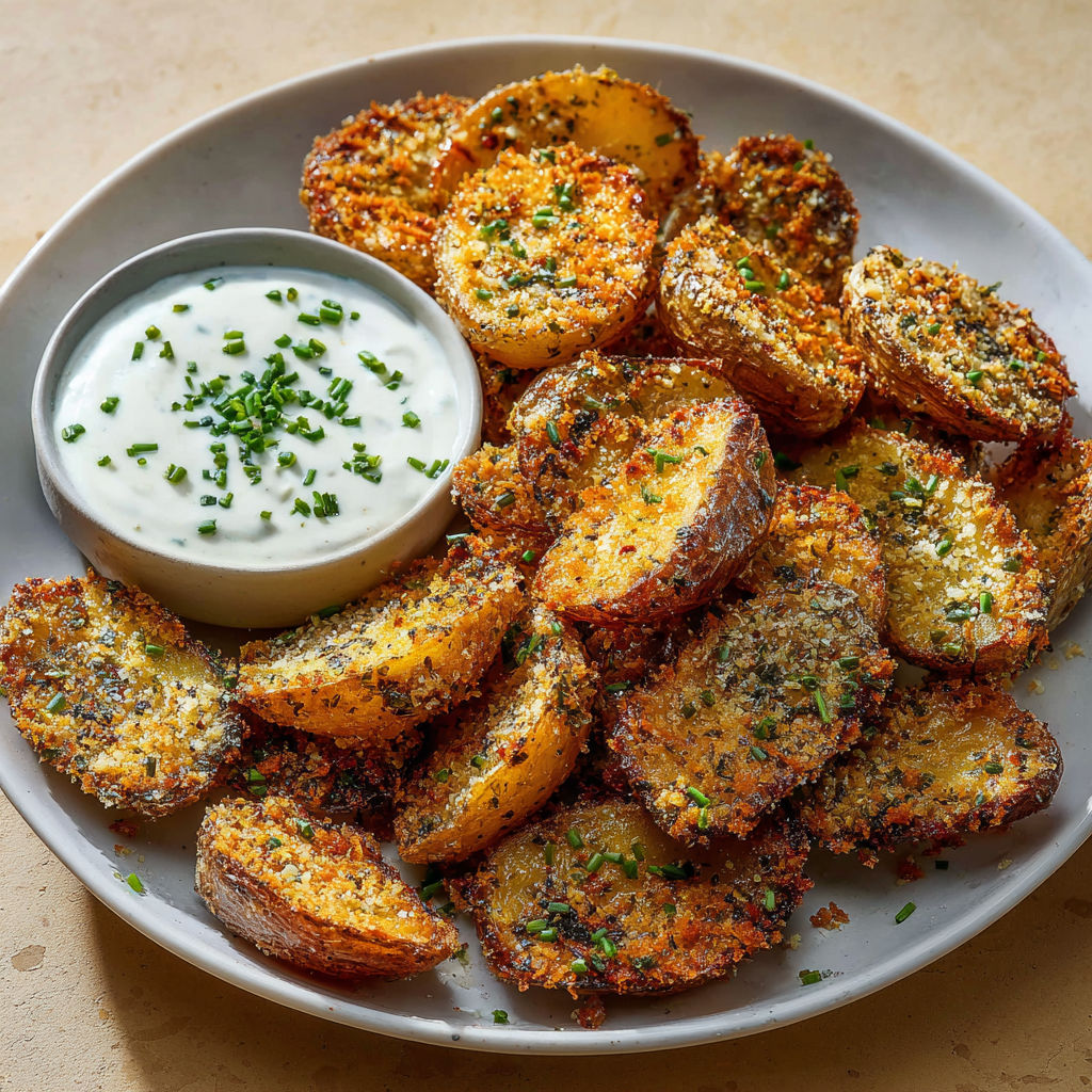 Assiette de pommes de terre croustillantes avec sauce et touche de piment.