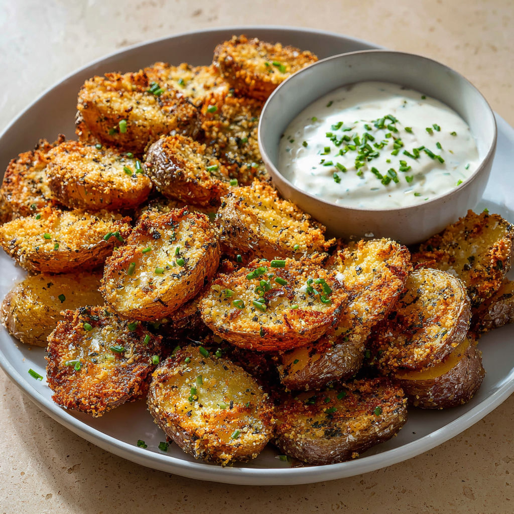 Assiette de pommes de terre croustillantes avec sauce et mélange d’herbes.