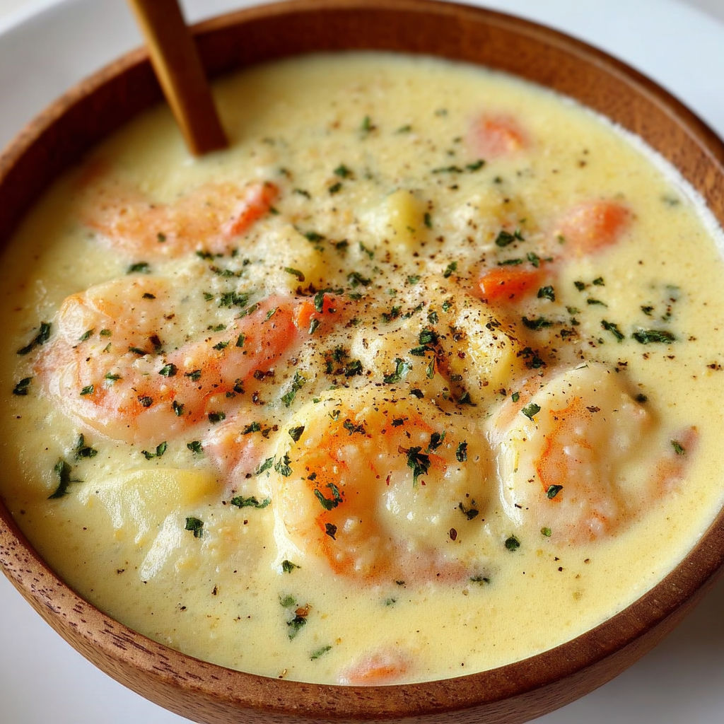 Un bol en bois rempli d’une soupe crémeuse aux crevettes servi à table.