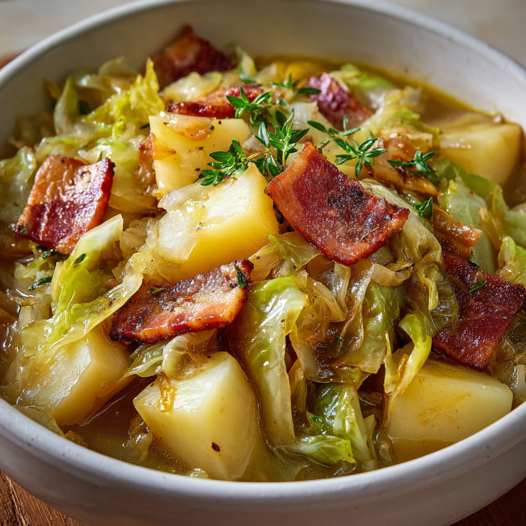 Une assiette de chou tendre mijoté avec pommes de terre et morceaux de bacon croustillant.