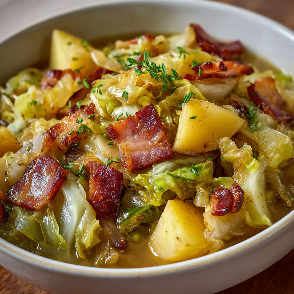 Bol avec légumes variés et lard croustillant, dont chou et bacon.