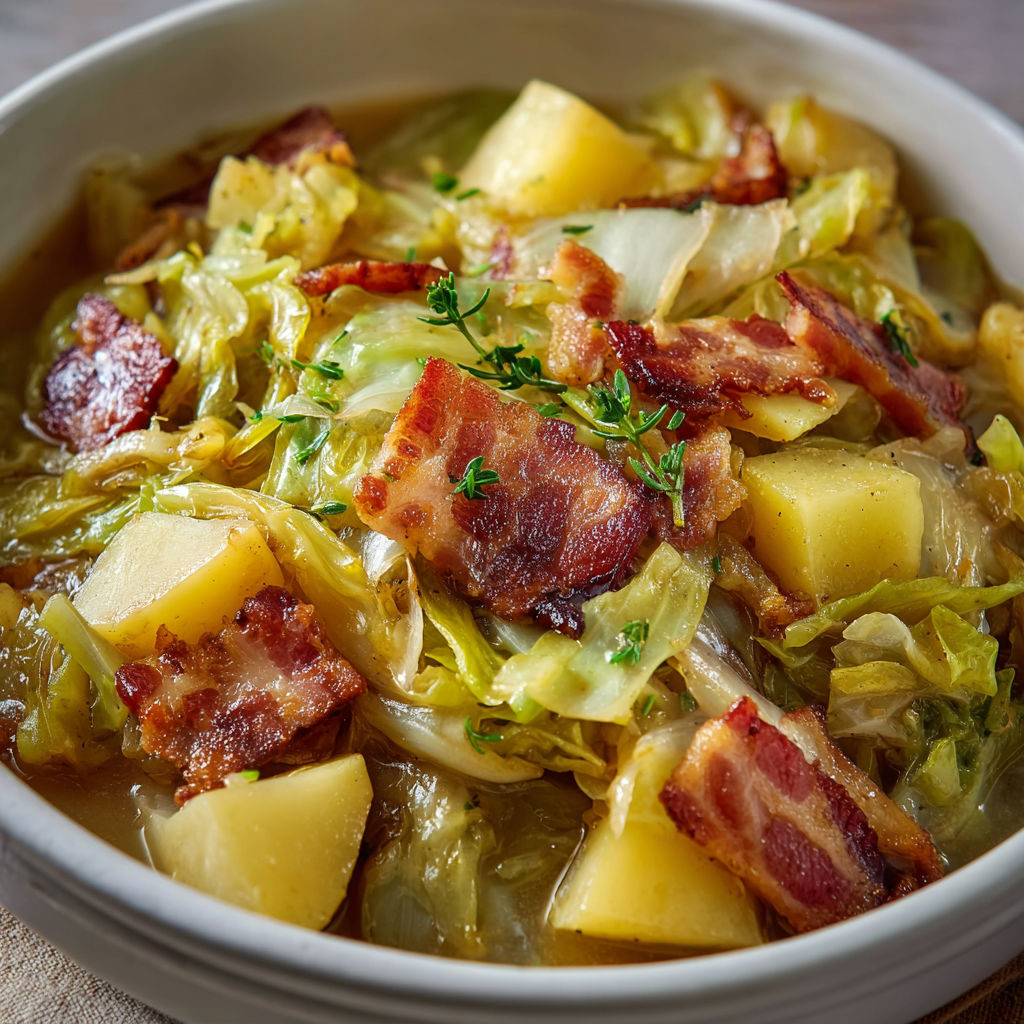 Bol de soupe où se mêlent légumes et lard, chou et bacon visibles.