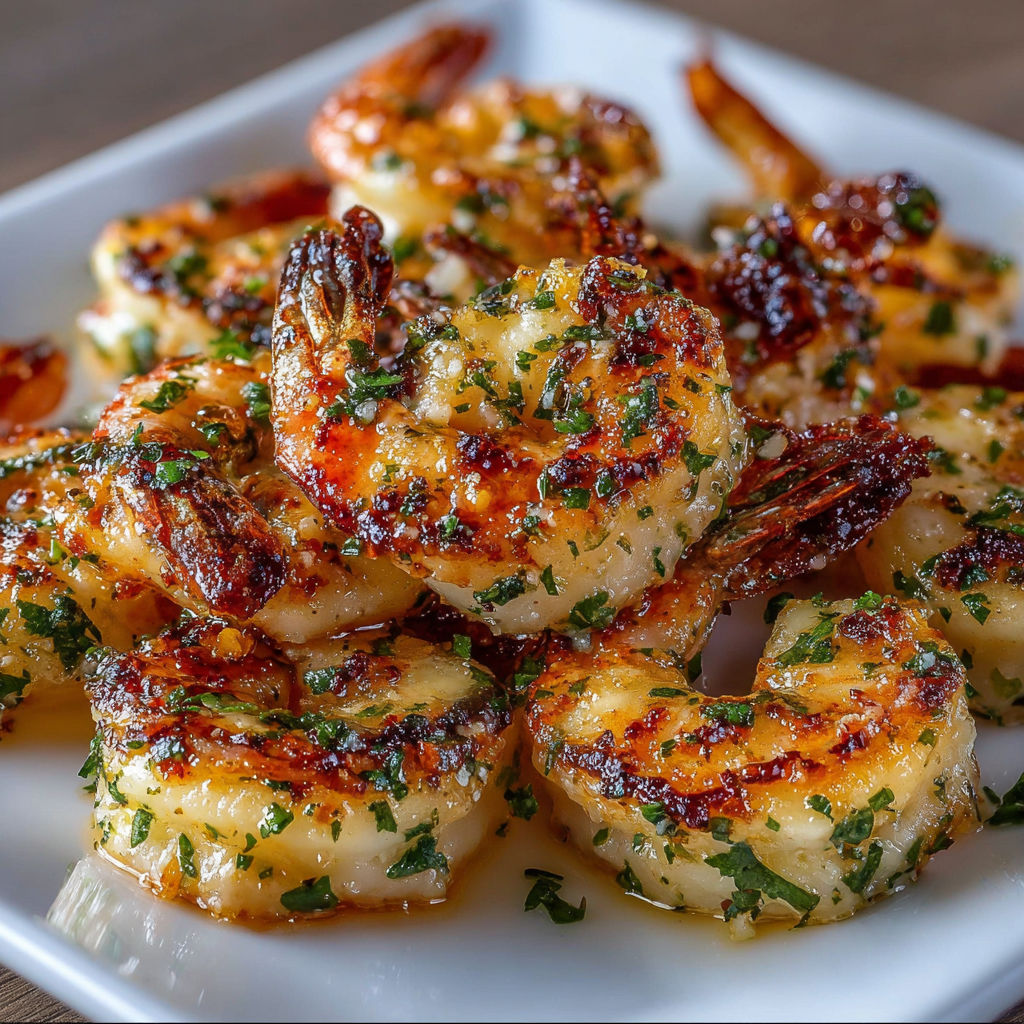 Une assiette de crevettes chaudes à l’ail et parmesan croustillant.