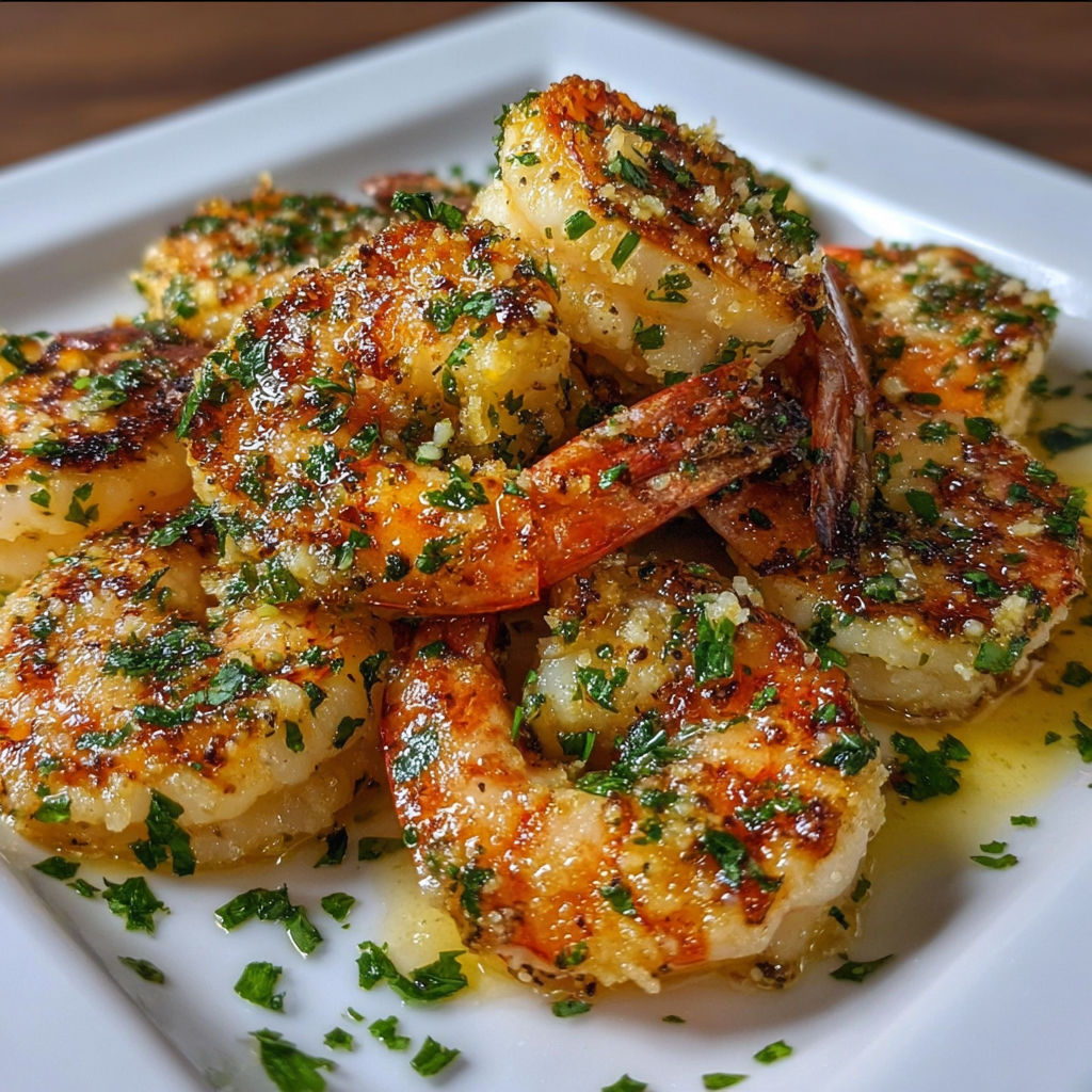 Crevettes parsemées d’herbes et d’épices dans une assiette blanche.