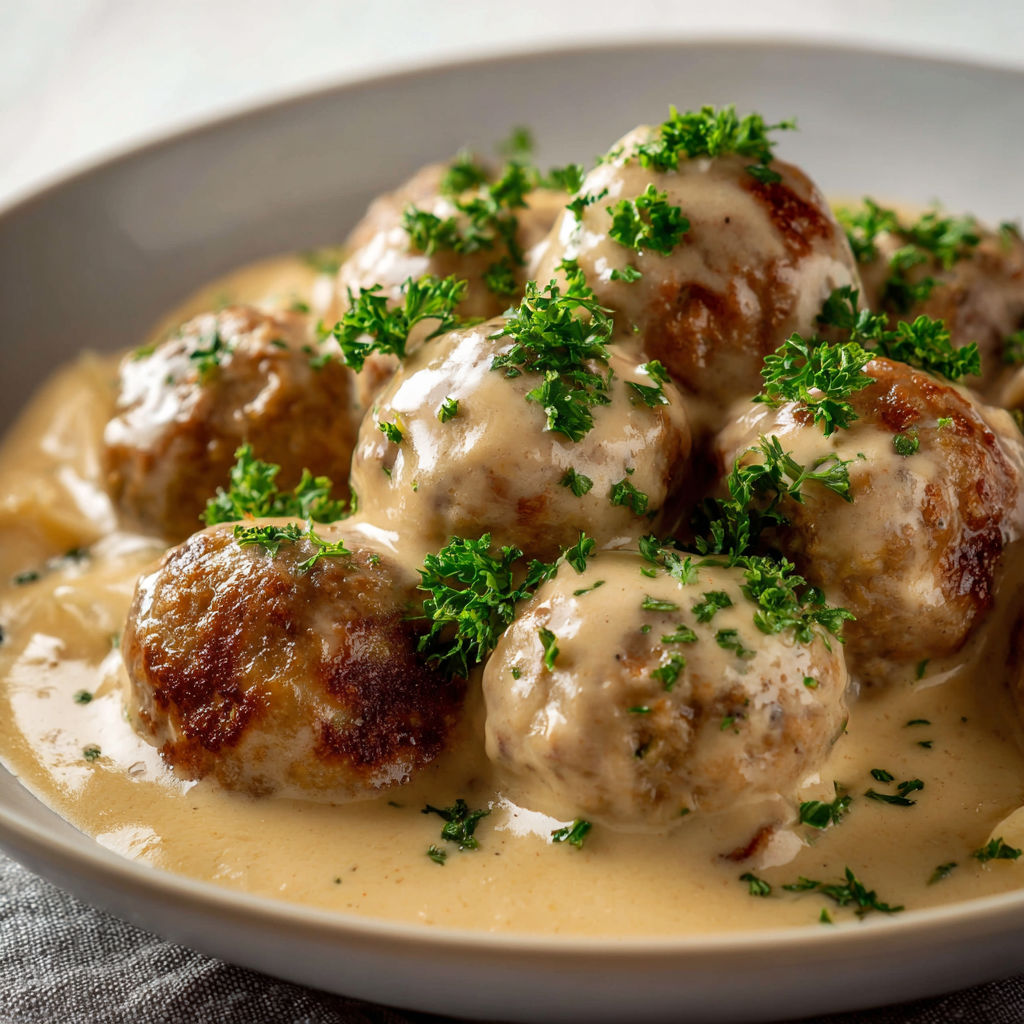 Une assiette de boulettes moelleuses nappées de sauce crémeuse et quelques épinards.