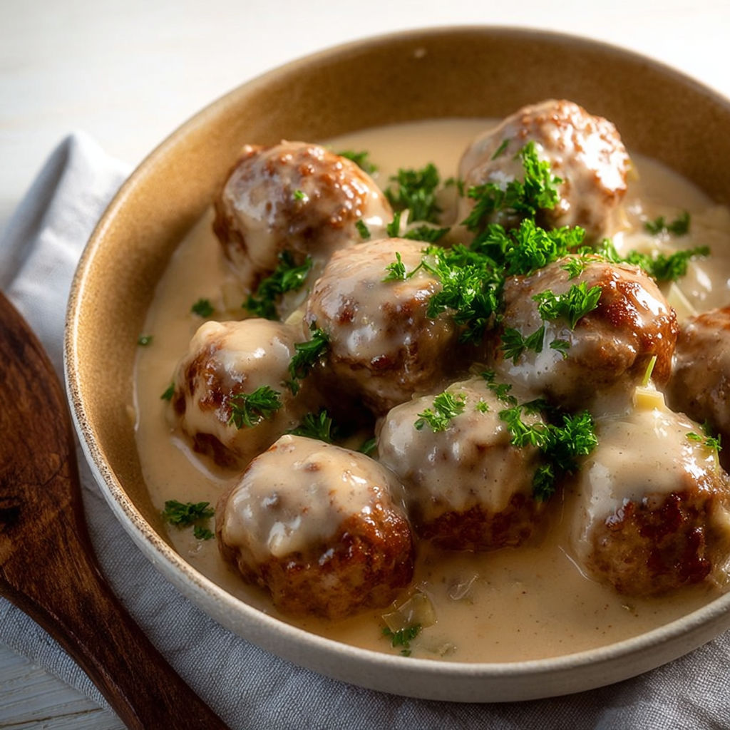 Des boulettes dans une sauce pesto onctueuse, prêtes à être dégustées.