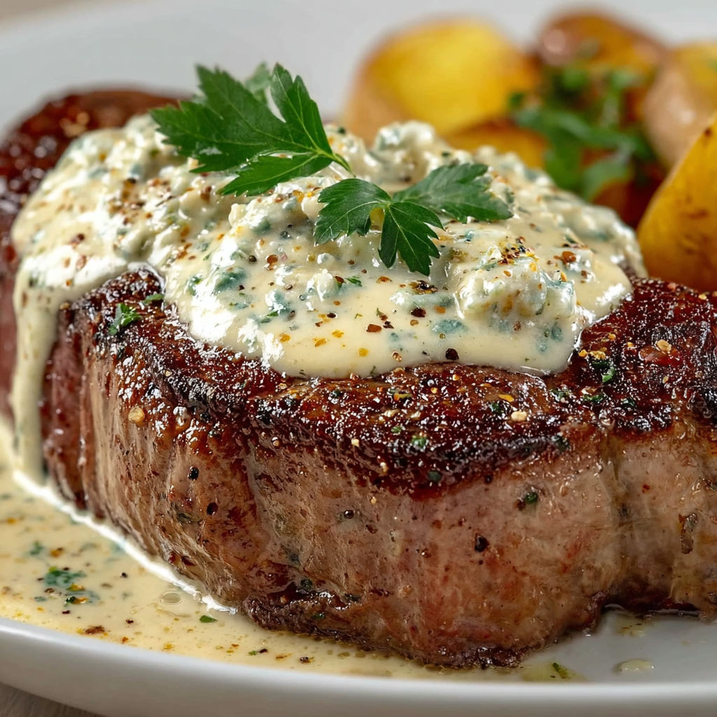 Une entrecôte grillée servie avec pesto et pommes de terre dorées.