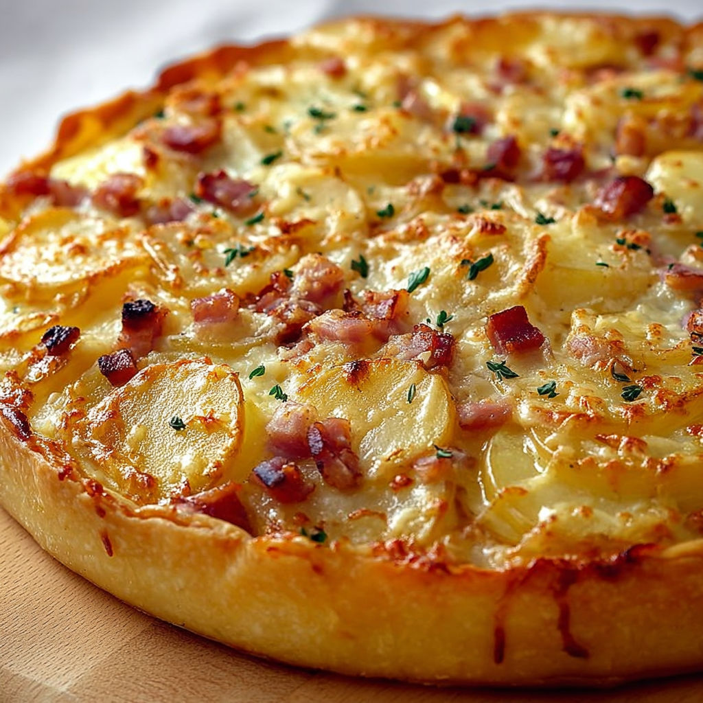 Une pizza maison avec des pommes de terre et du bacon.