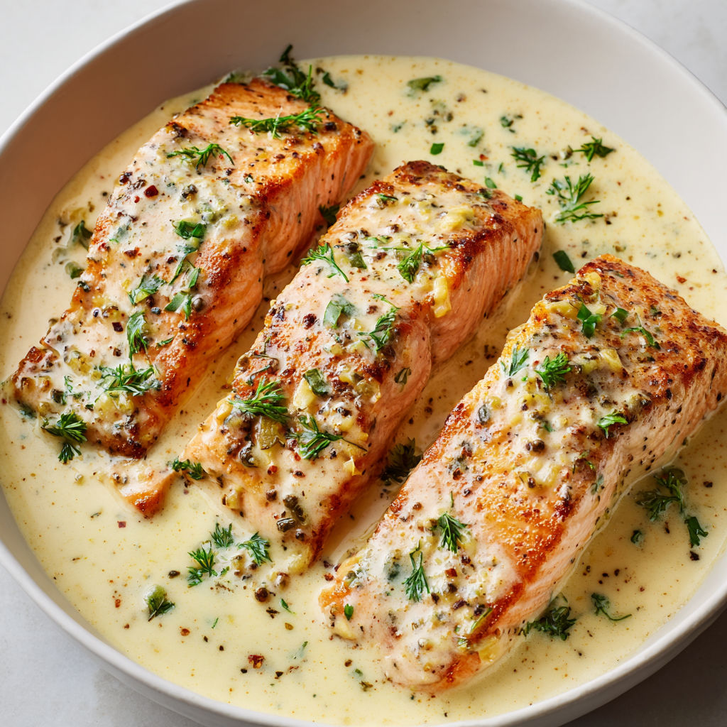 Filet de saumon rôti nappé d’une sauce crémeuse à la moutarde.