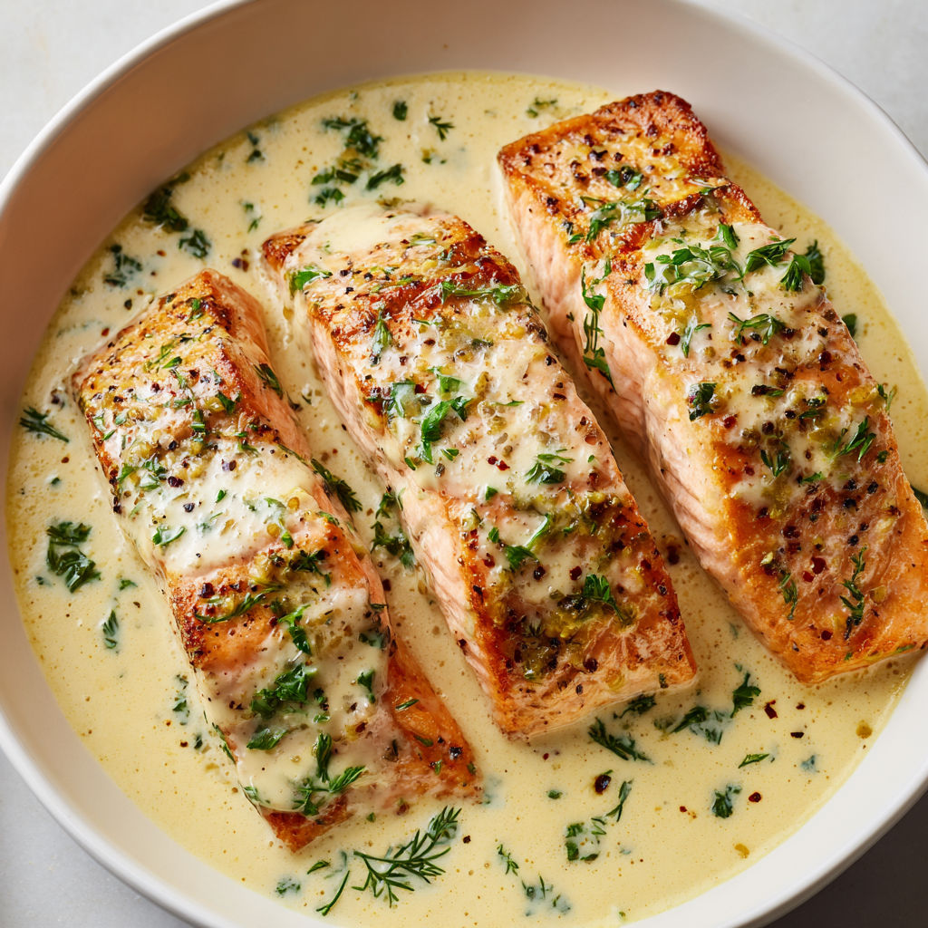 Un pavé de saumon nappé de sauce au pesto, surmonté d’herbes fraîches.