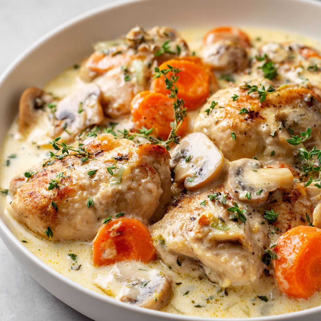 Un plat de poulet mijoté avec carottes et champignons.