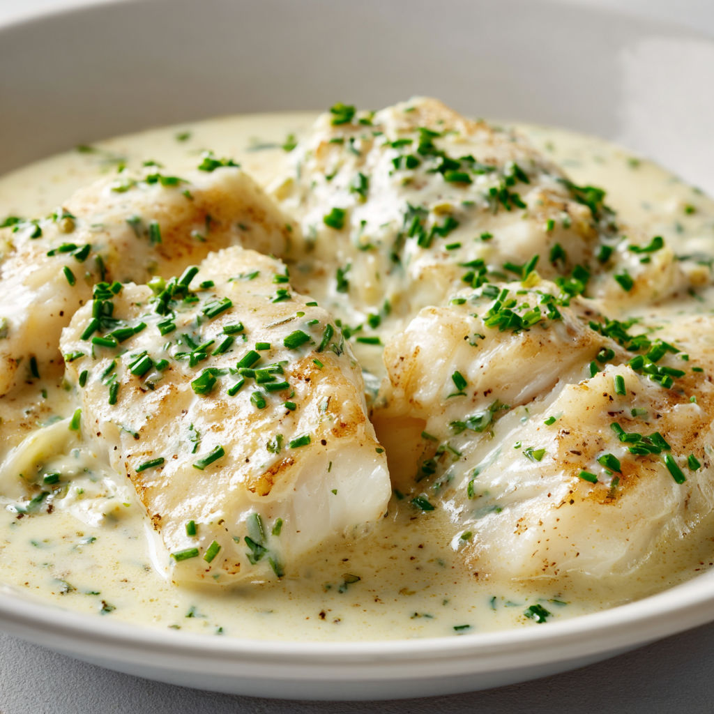 Assiette de poisson nappé de sauce blanche et d’herbes fraîches.