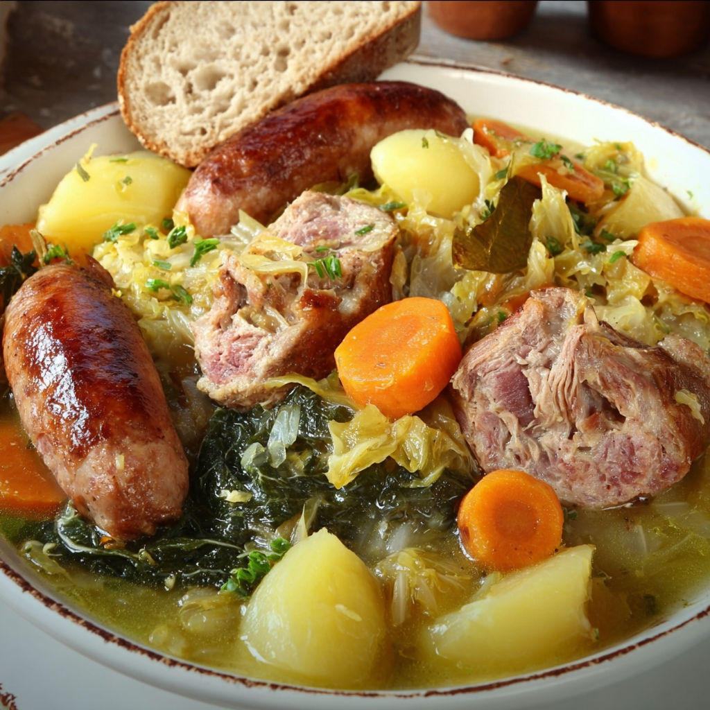 Une soupe généreuse avec légumes, viandes et du pain pour accompagner.